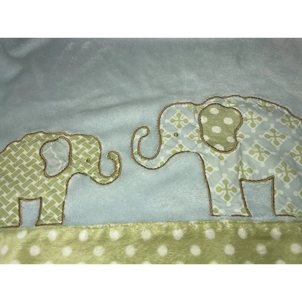 Cocalo Blue Elephant Baby Blanket Green Polka Dot Trim Plush Embroidered *READ*